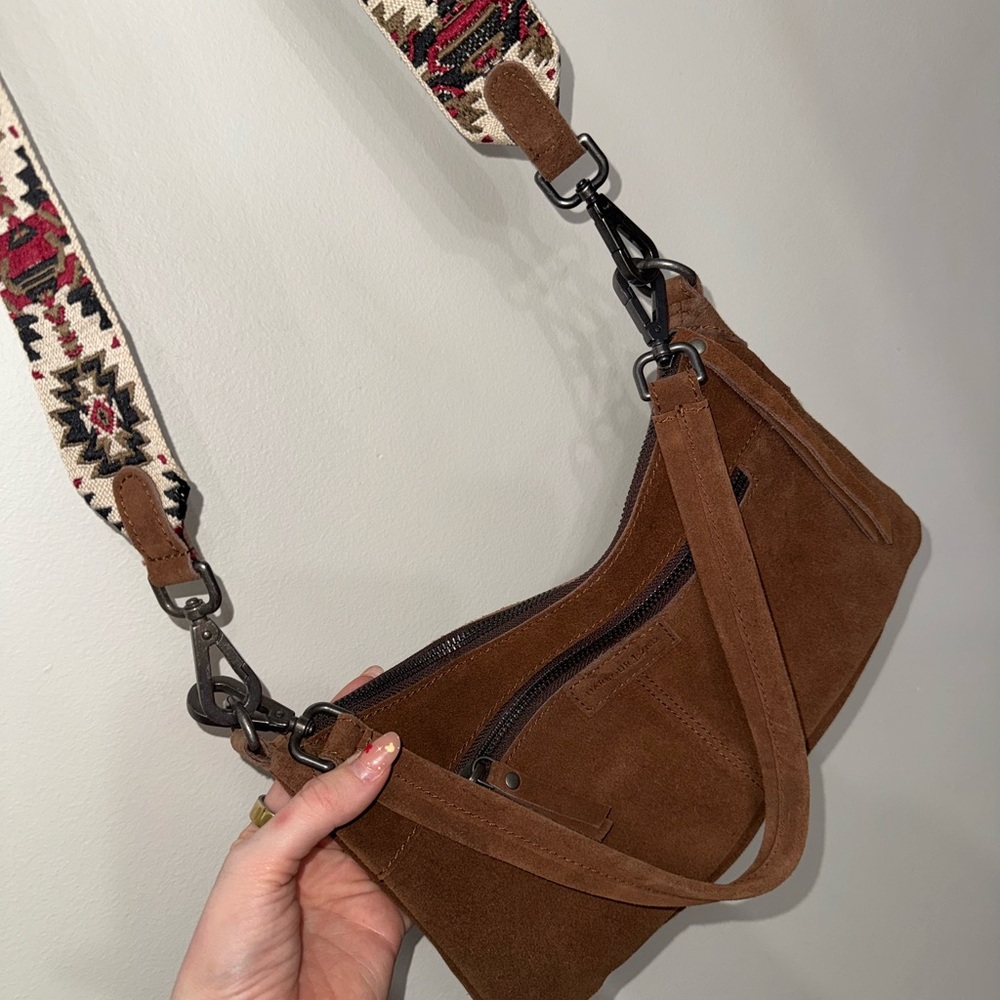 Brown Suede Women's Bag with Patterned Strap